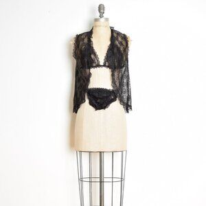 vintage 80s lingerie set sheer black lace bra panties bed jacket XS S